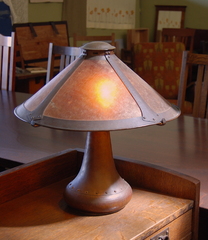 Dirk Van Erp Rivet Base Vented Cap Hammered Copper and Mica Table Lamp.